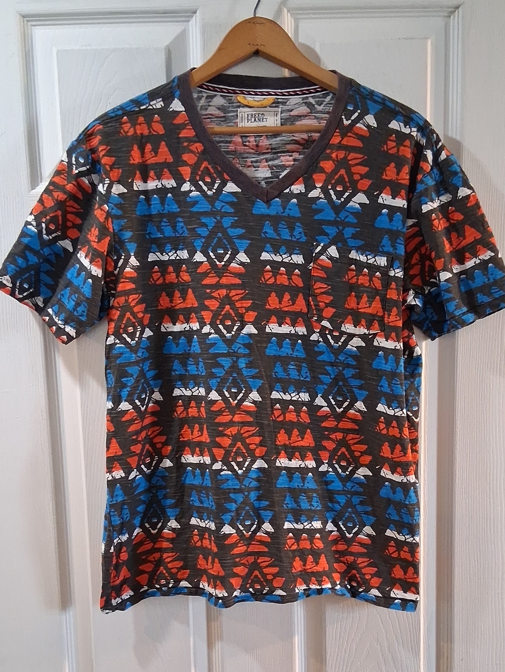 Free Planet Men's V-Neck Aztec Print Shirt - Blue & Orange